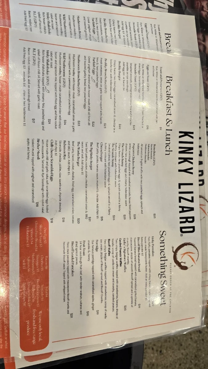 Menu, Kinky Lizard Cafe Adelaide Terrace