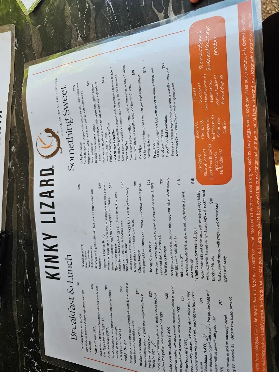 Menu, Kinky Lizard Cafe Adelaide Terrace