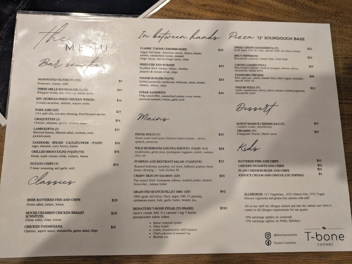 Menu, Tbone Coombs
