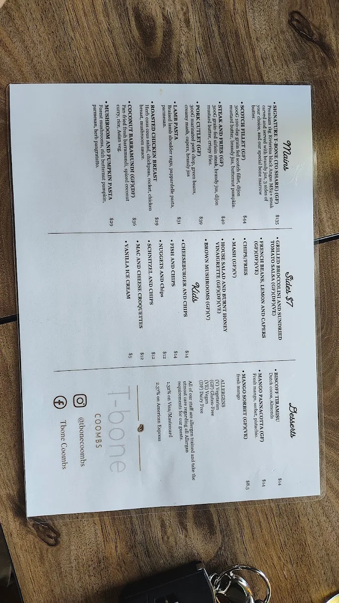 Menu, Tbone Coombs
