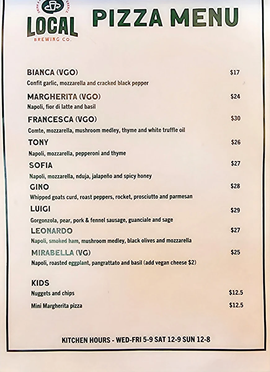 Menu, Local Brewing Co. Taproom & Pizza Kitchen