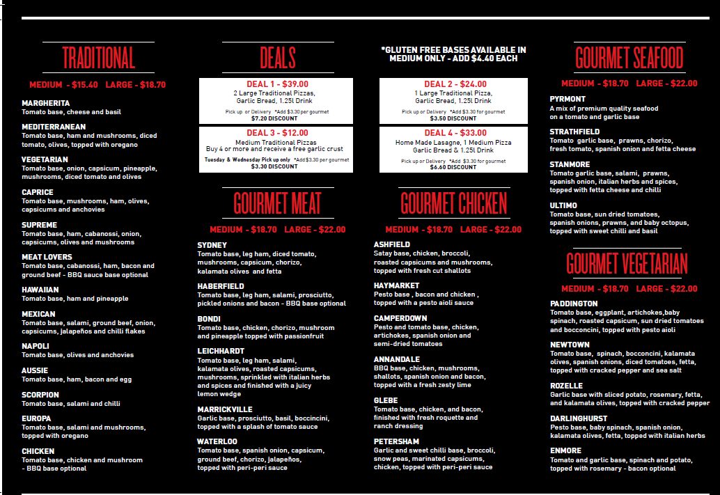Menu, Urban Pizza Bar