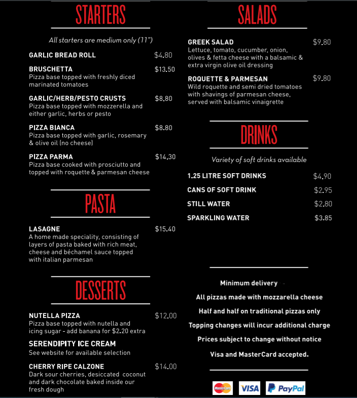 Menu, Urban Pizza Bar