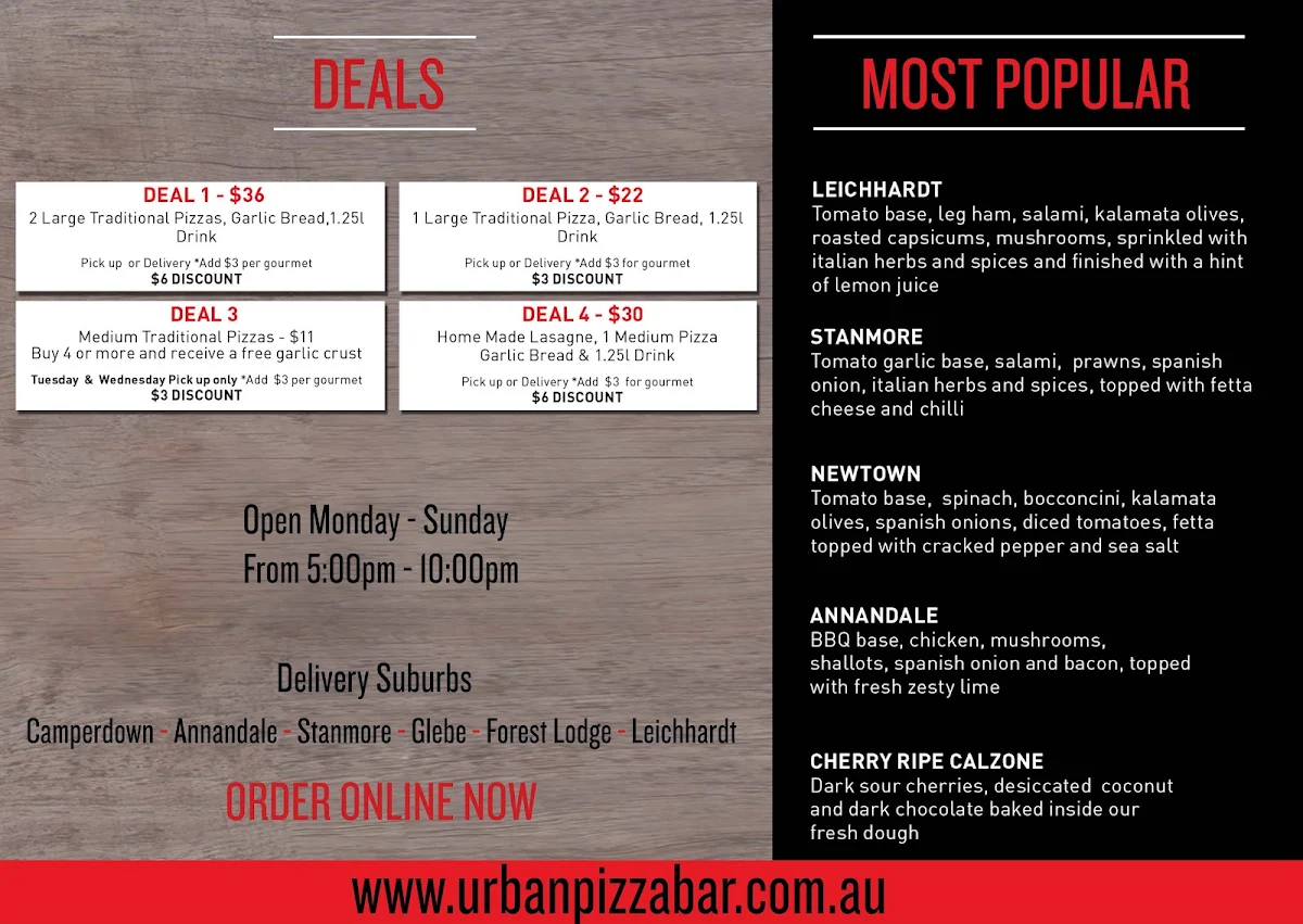 Menu, Urban Pizza Bar