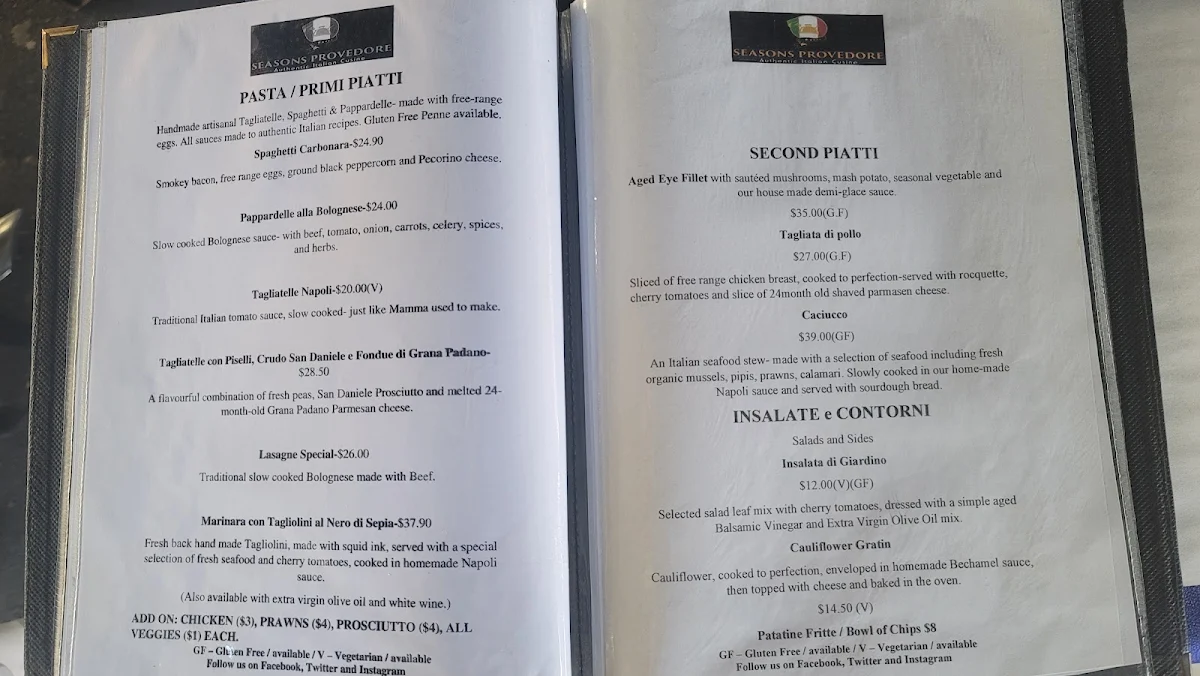 Menu, Seasons Provedore