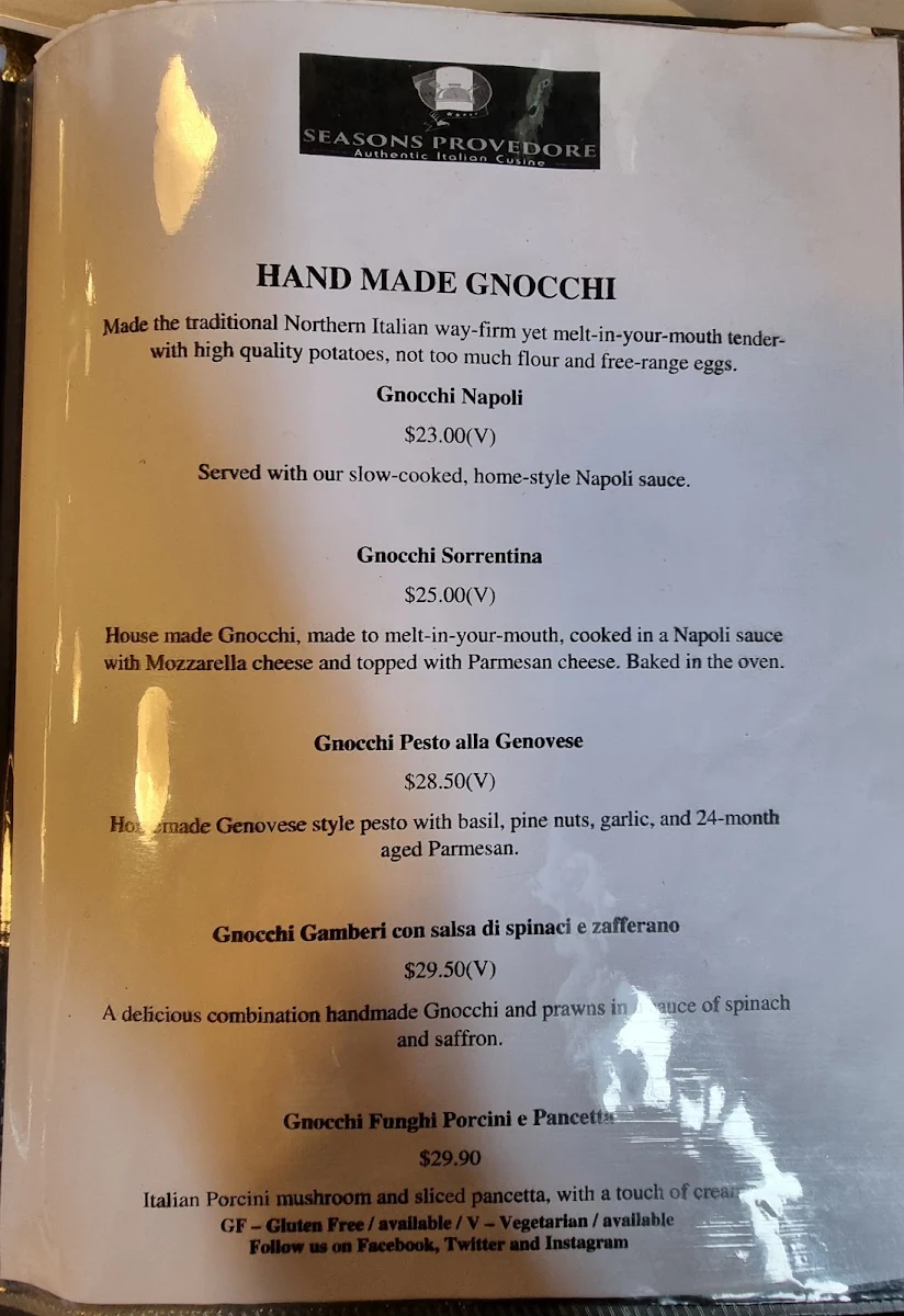 Menu, Seasons Provedore
