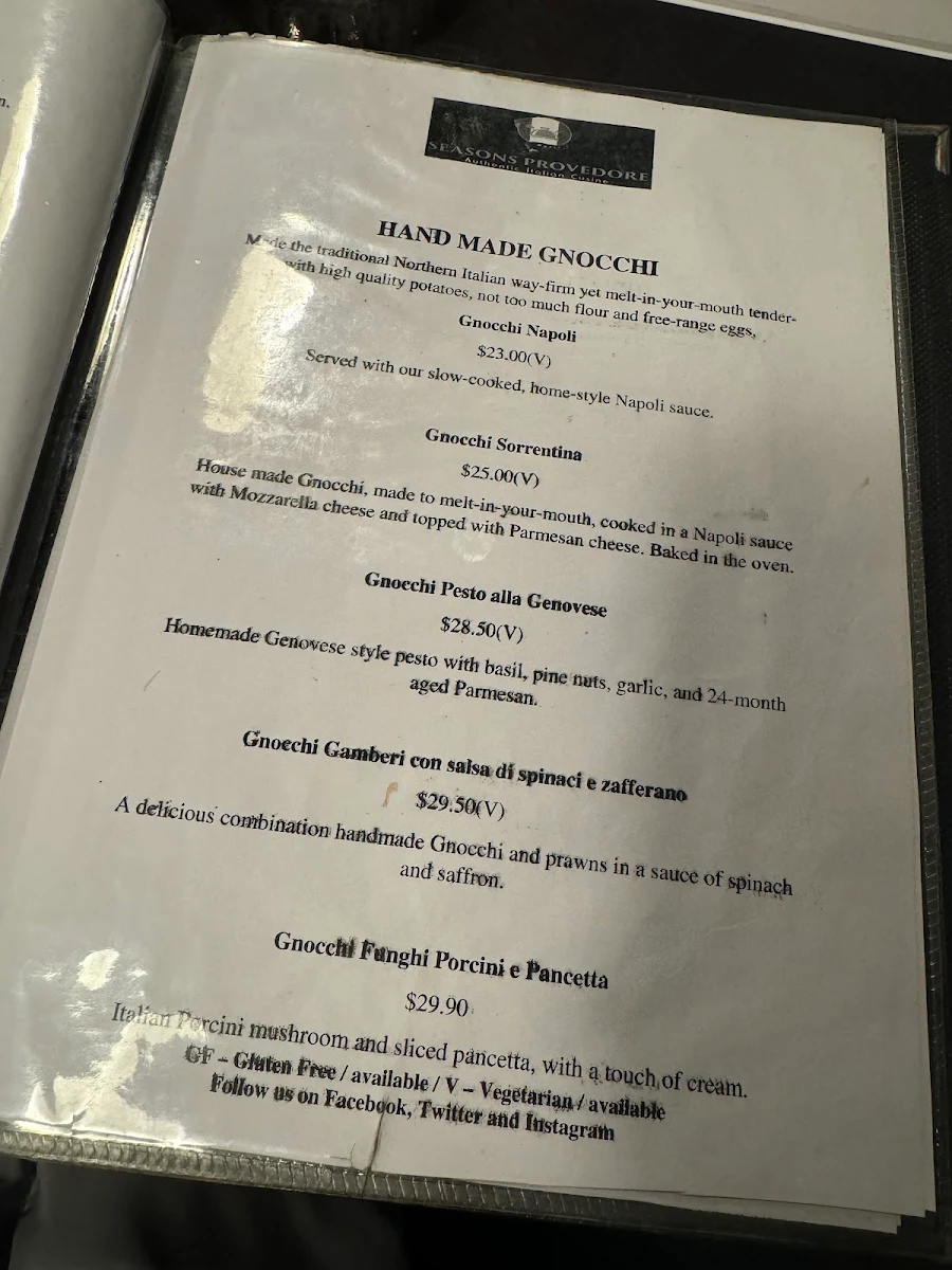 Menu, Seasons Provedore