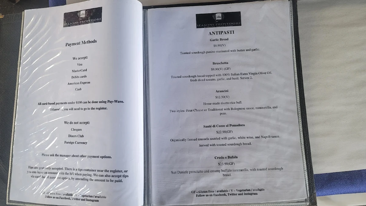 Menu, Seasons Provedore
