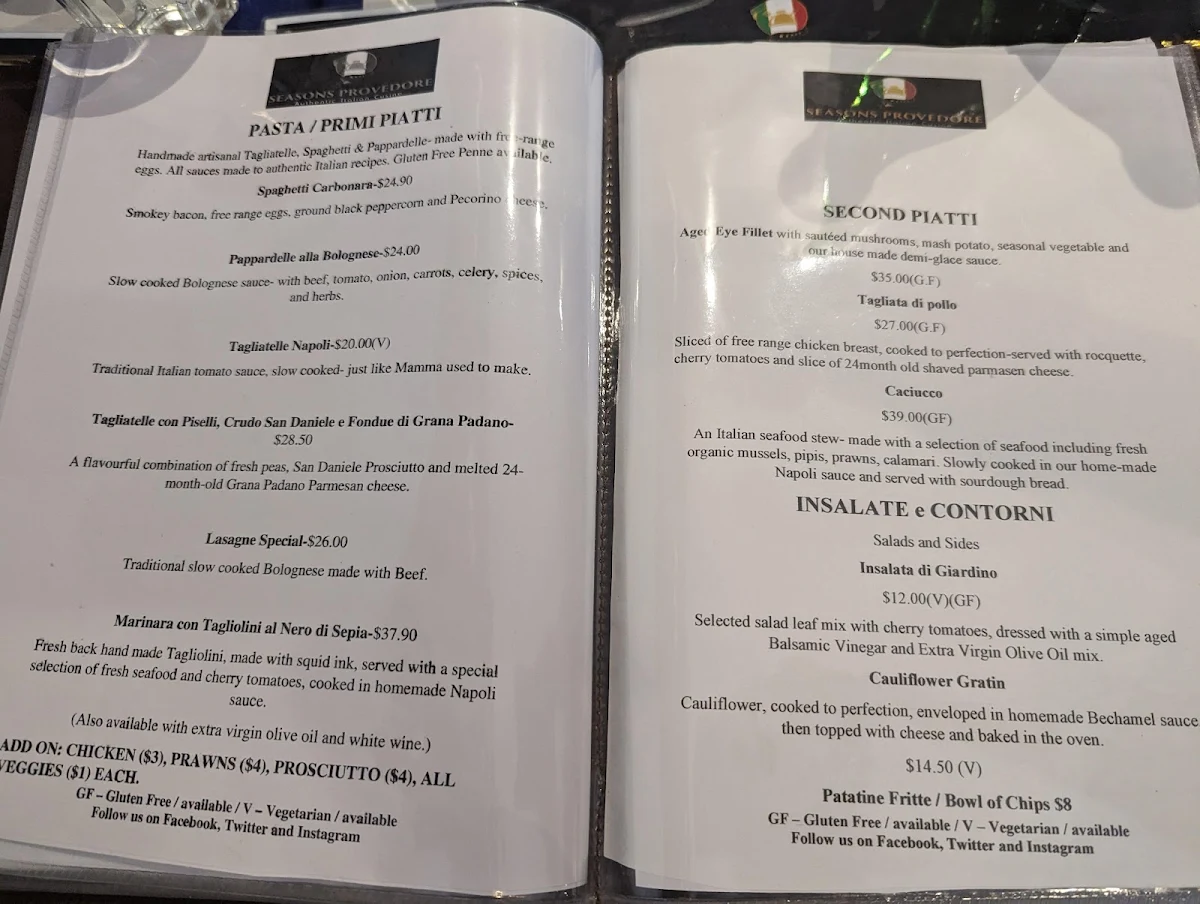 Menu, Seasons Provedore