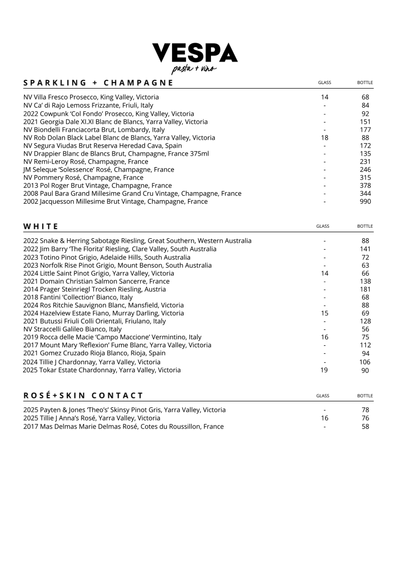 Menu, Vespa Pasta + Vino