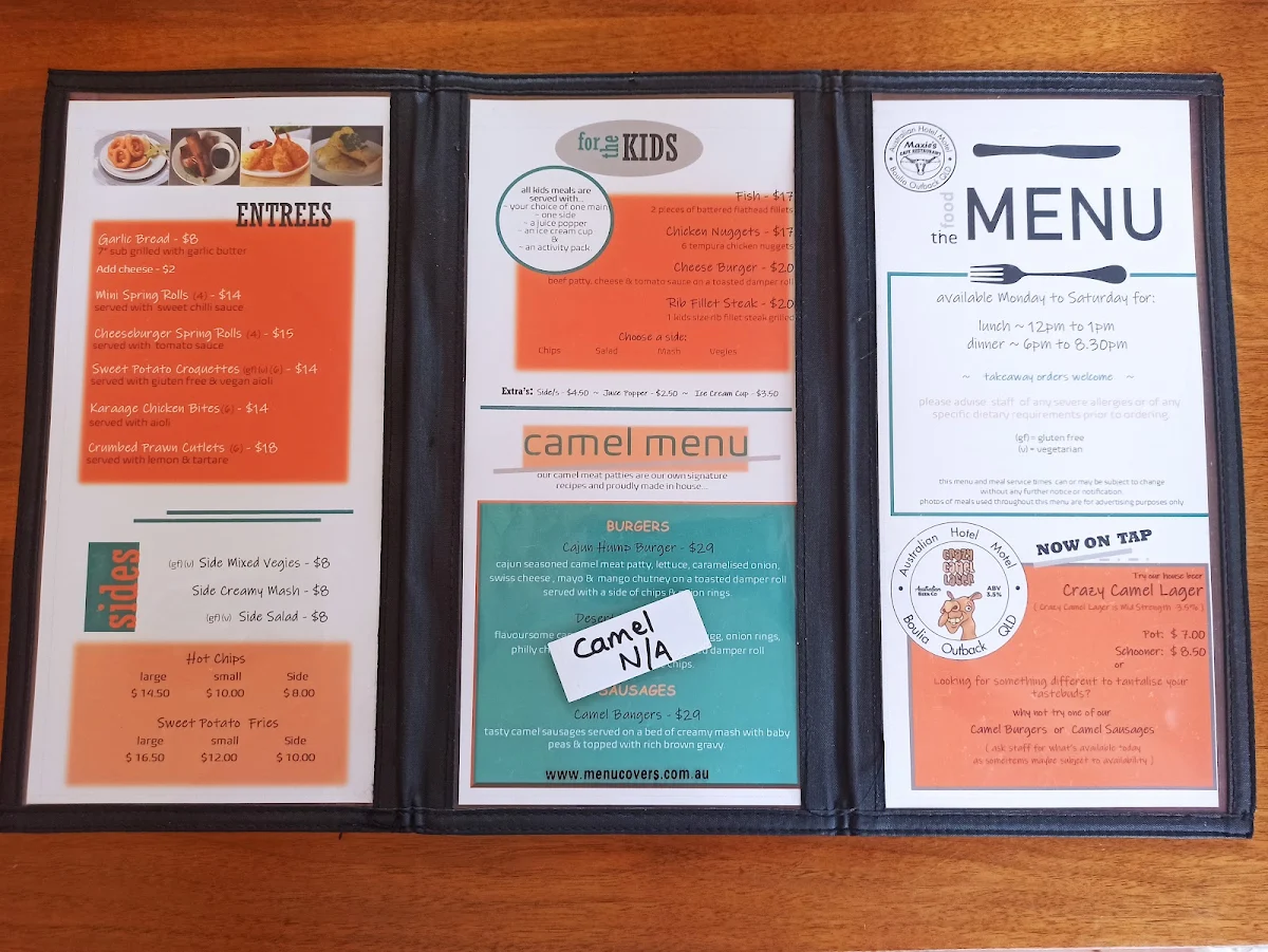 Menu, The Australian Hotel Motel Boulia