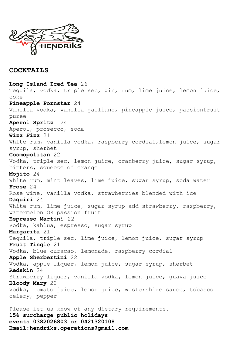 Menu, Hendriks