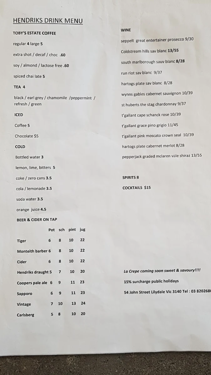 Menu, Hendriks