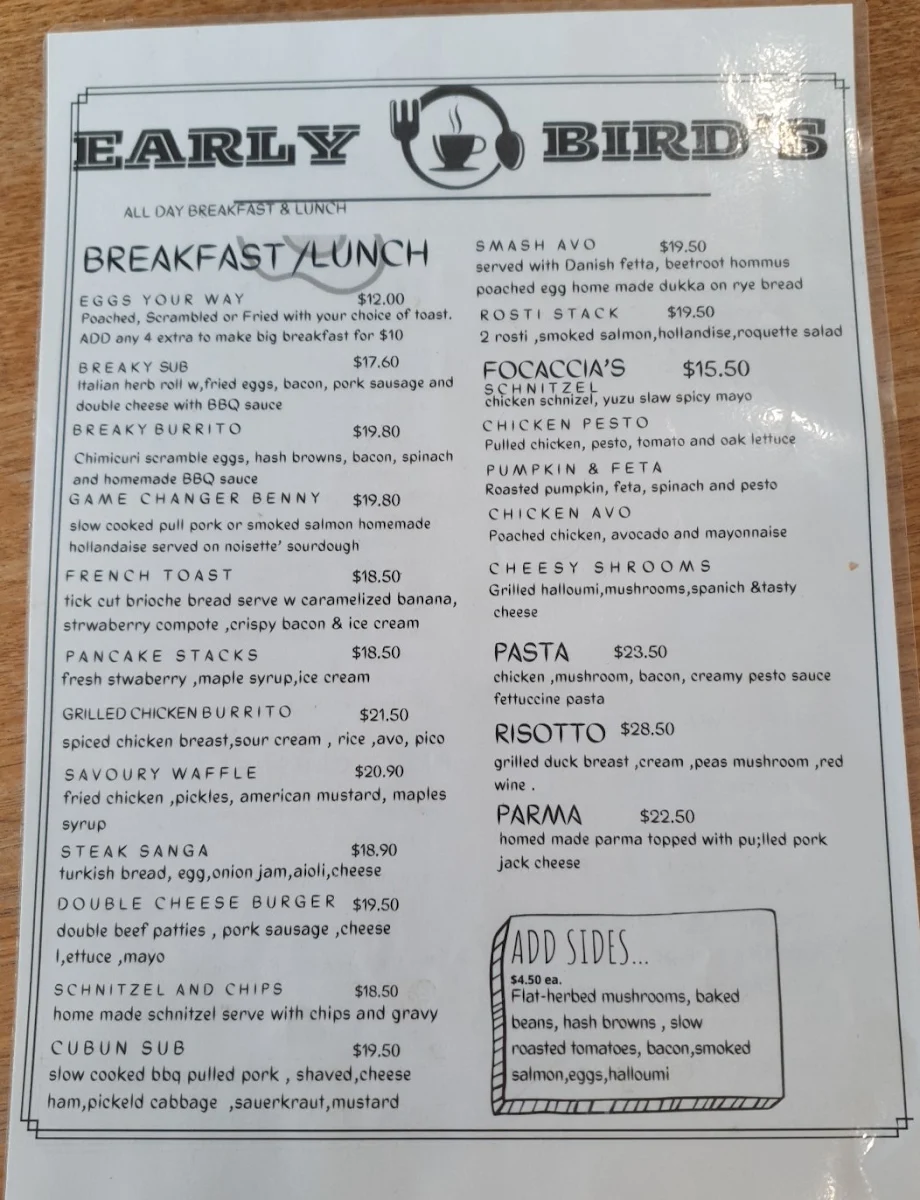Menu, Early birds cafe hastings