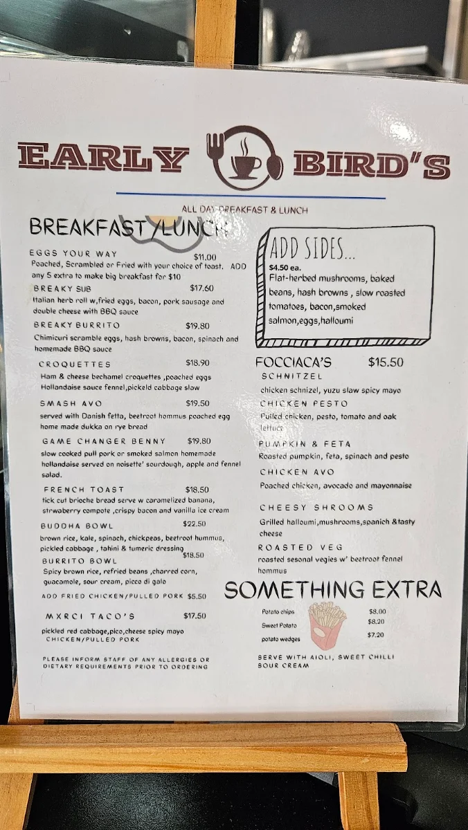 Menu, Early birds cafe hastings