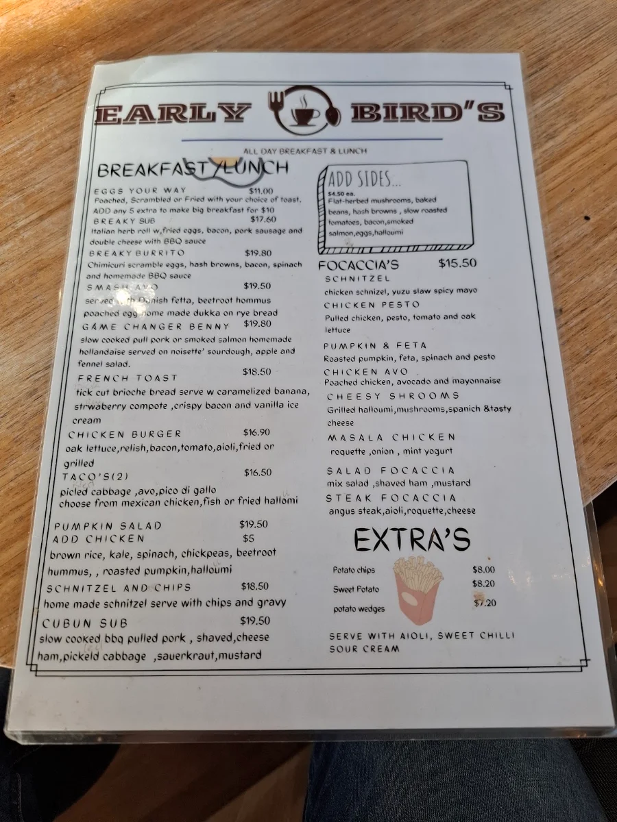 Menu, Early birds cafe hastings