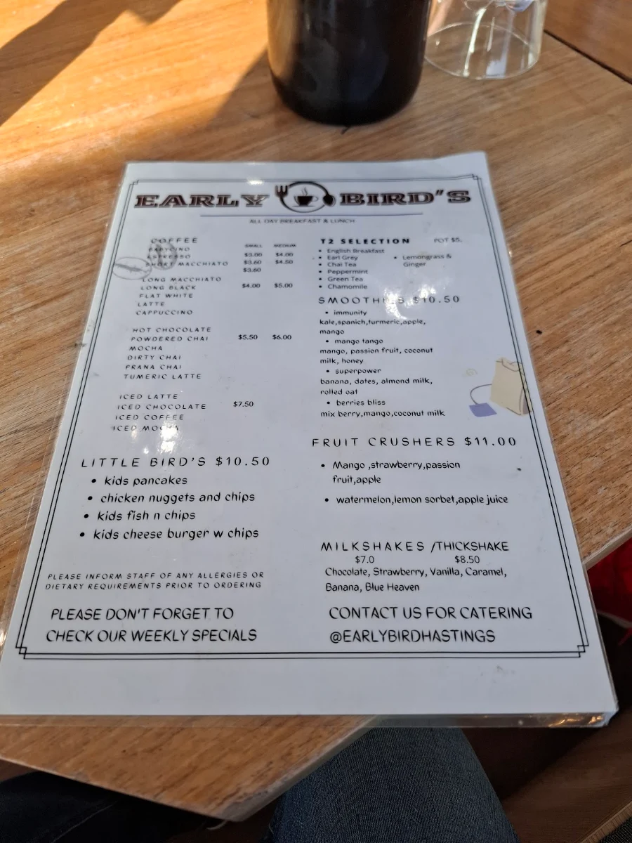 Menu, Early birds cafe hastings