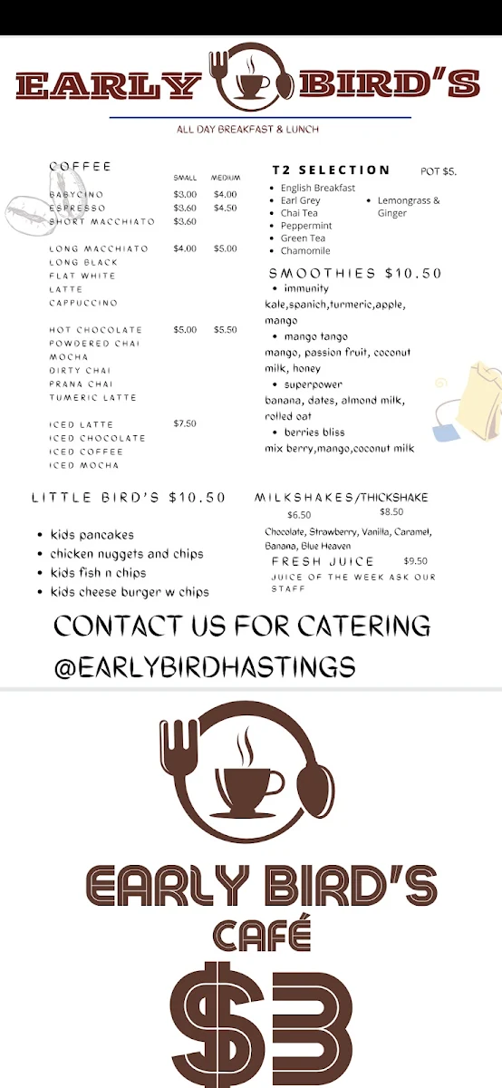 Menu, Early birds cafe hastings