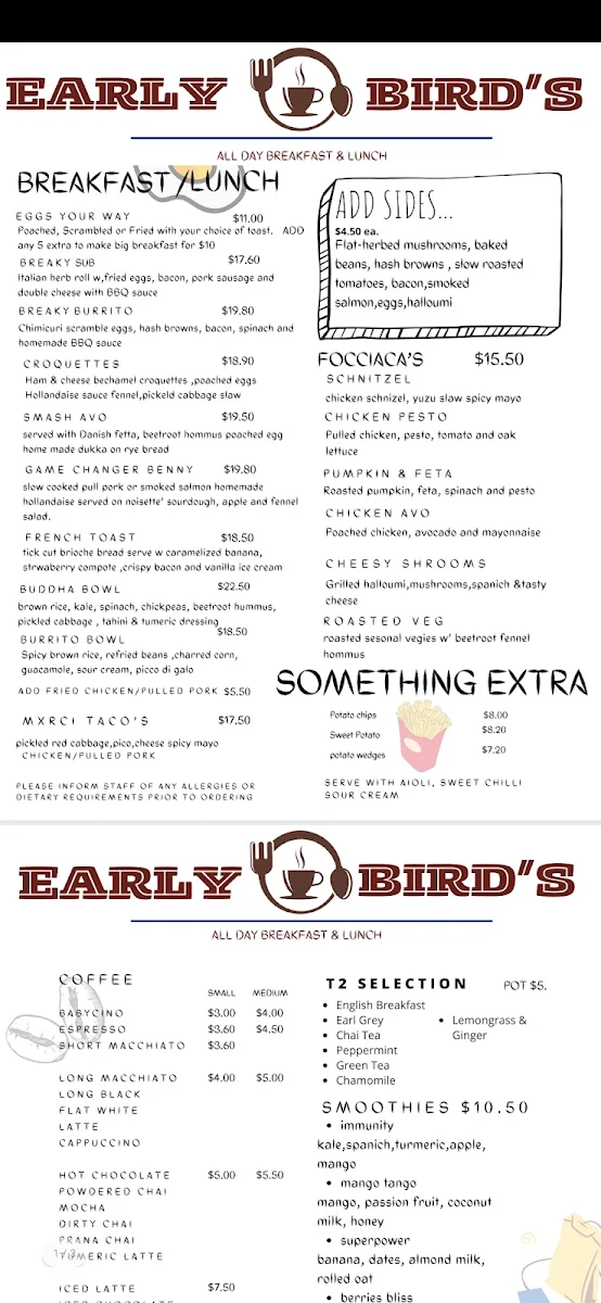 Menu, Early birds cafe hastings