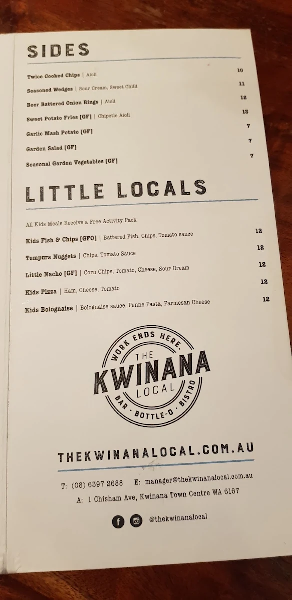 Menu, The Kwinana Local Bar and Bistro