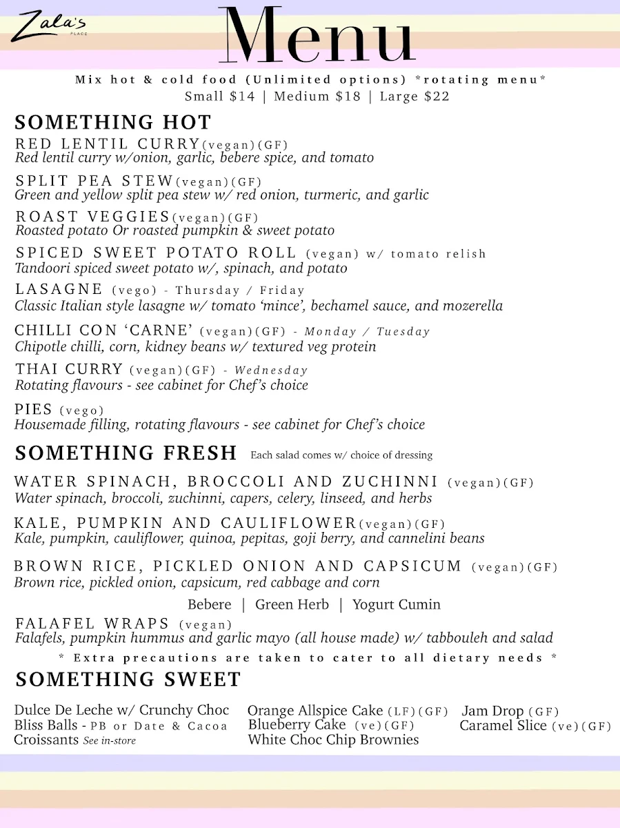 Menu, Zala's Pace