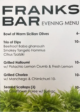 Menu, Franks Bar