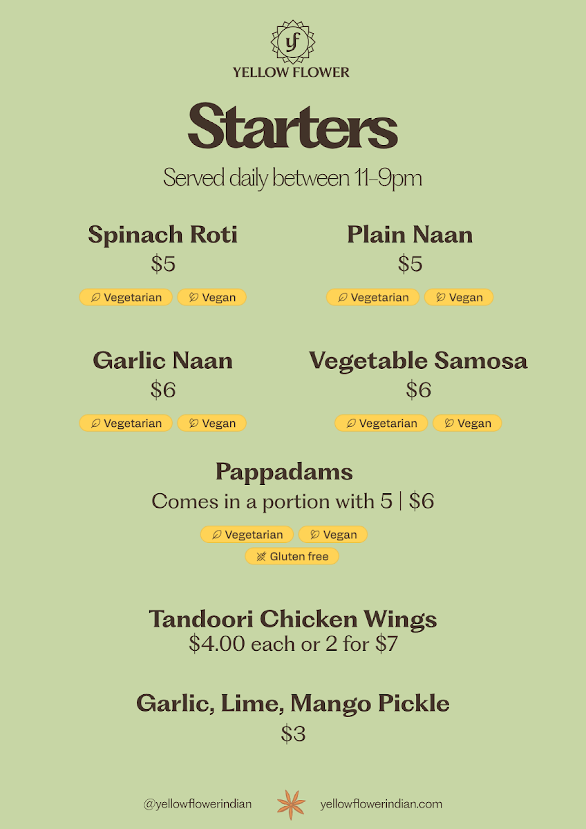 Menu, Yellow Flower Indian Diner