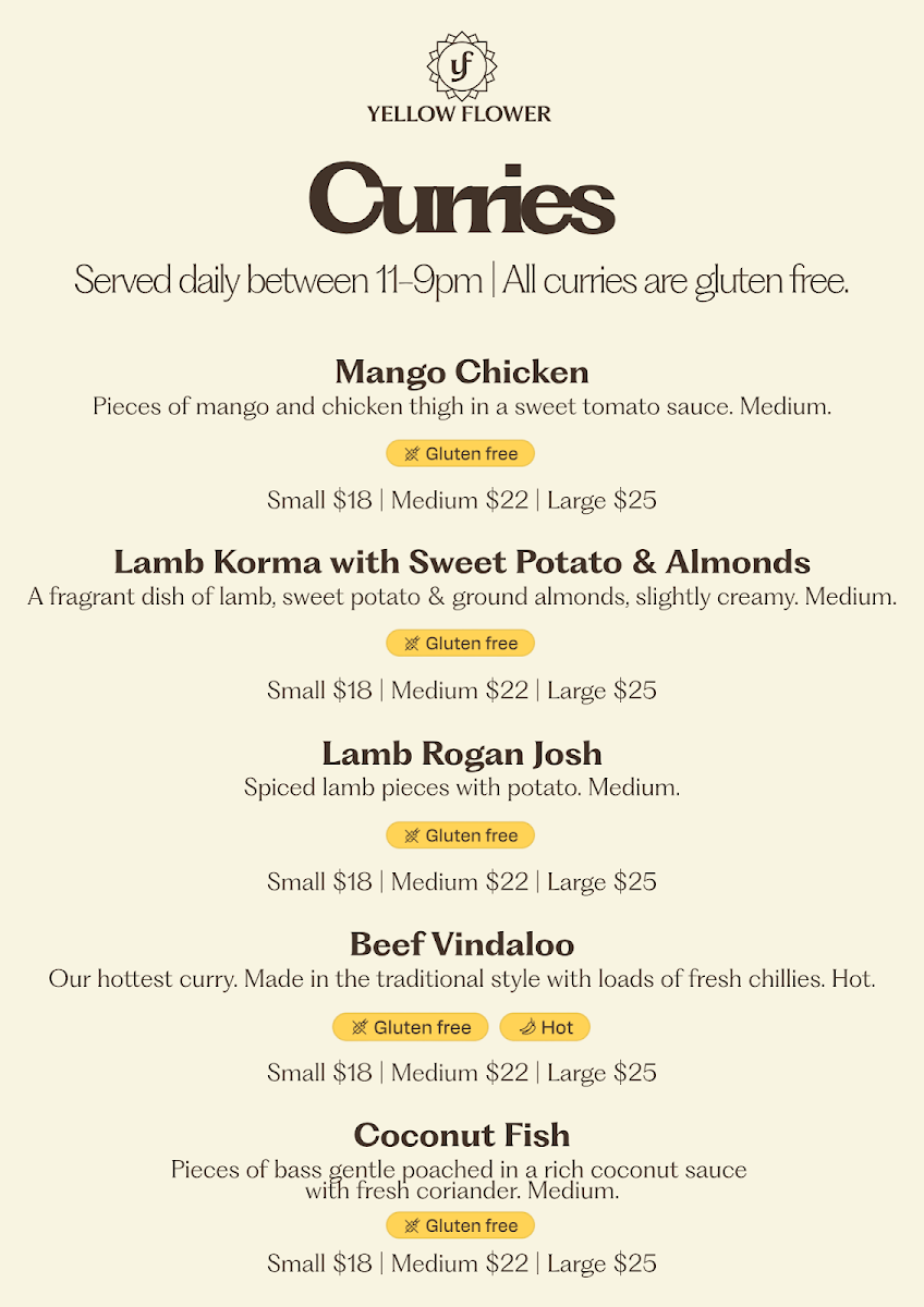 Menu, Yellow Flower Indian Diner