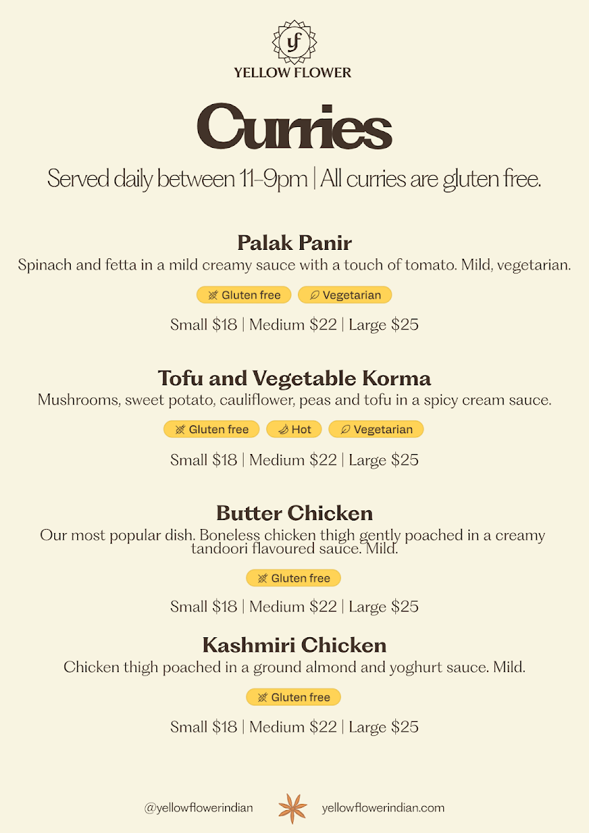 Menu, Yellow Flower Indian Diner