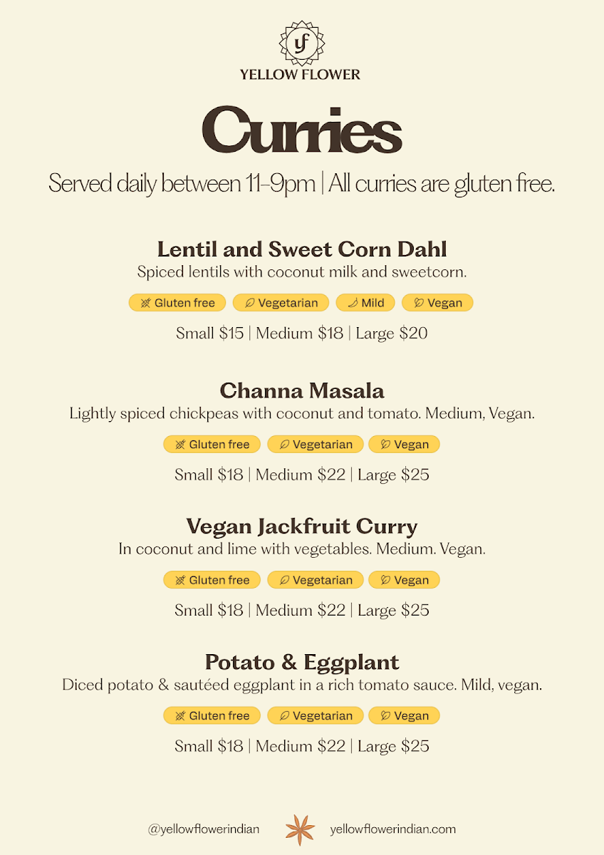 Menu, Yellow Flower Indian Diner
