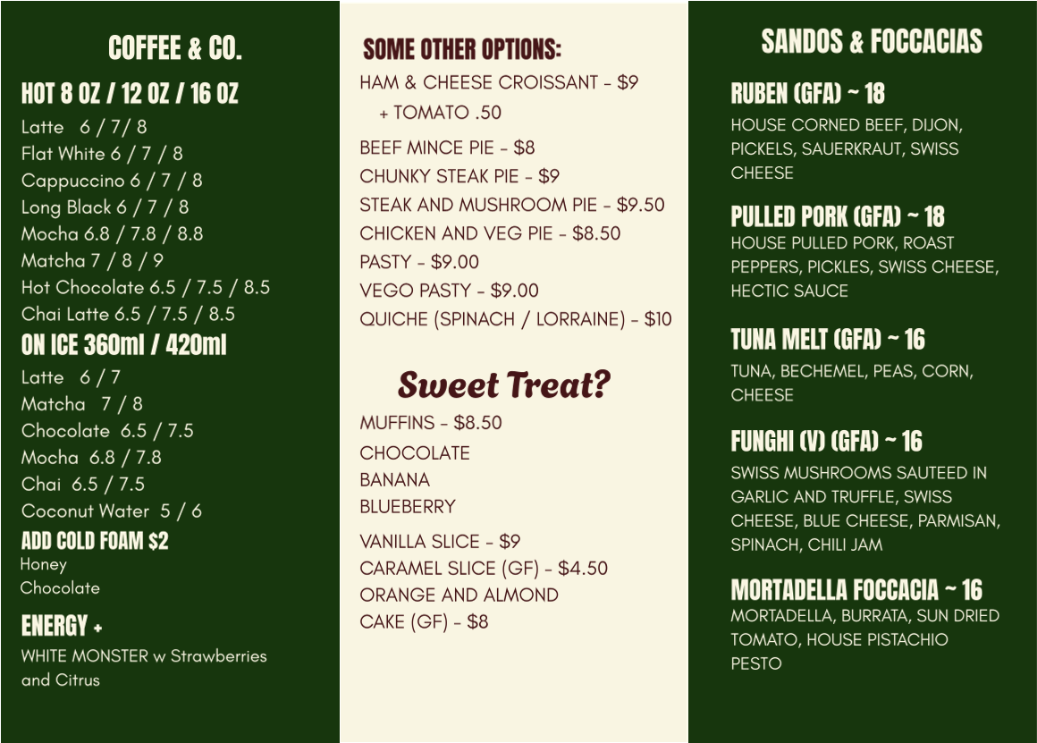 Menu, 2nd Street Coffee