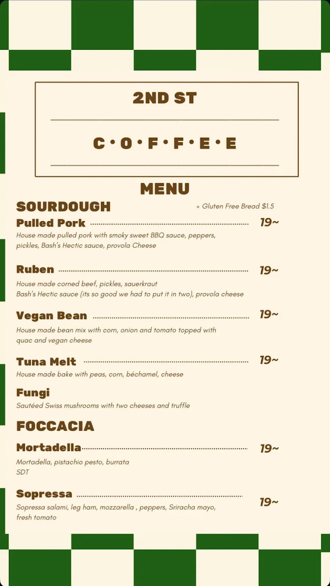 Menu, 2nd Street Coffee