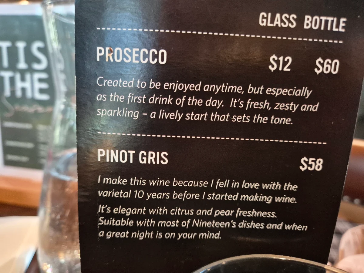 Menu, NINETEEN Hunter Valley