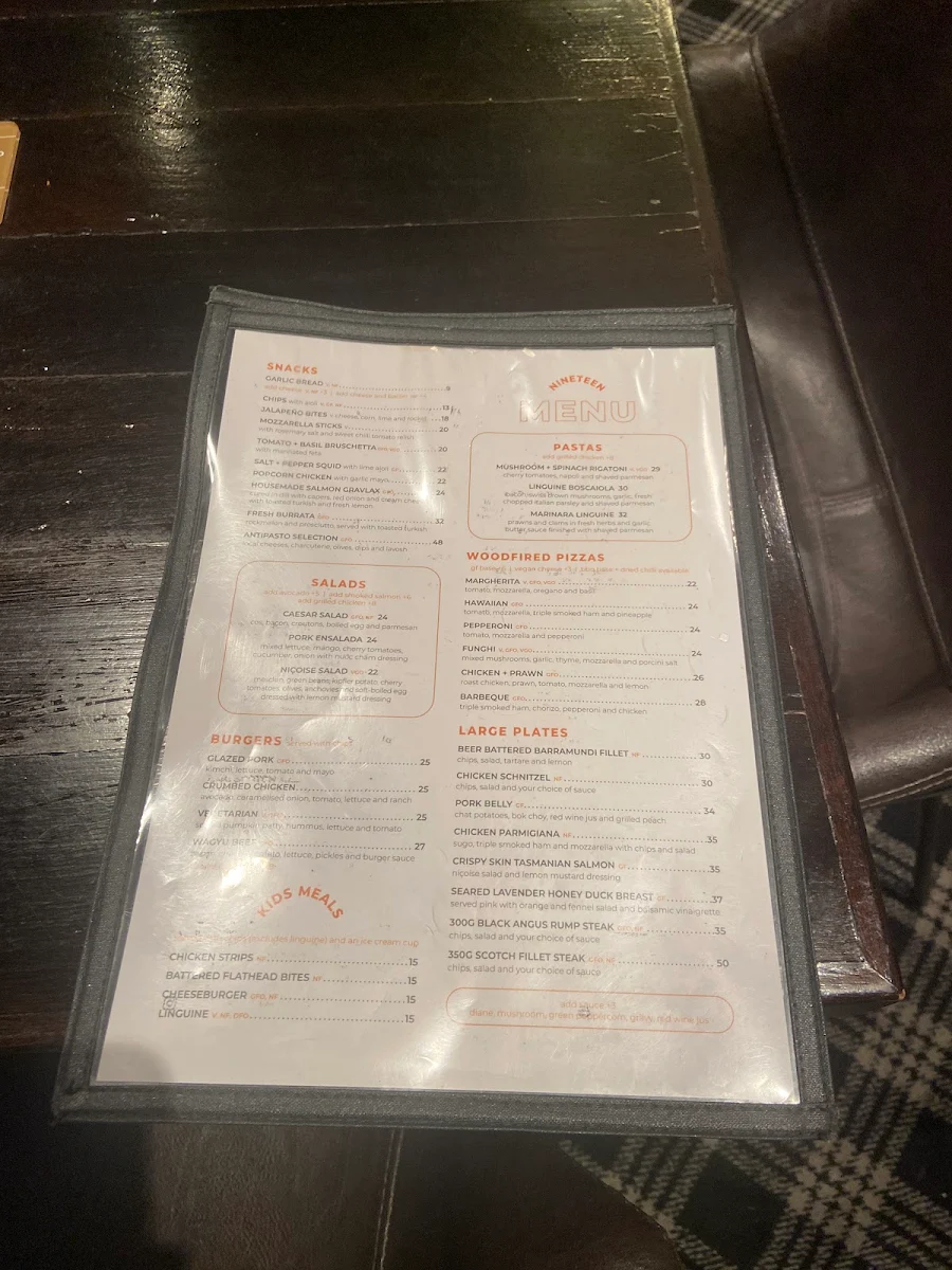 Menu, NINETEEN Hunter Valley