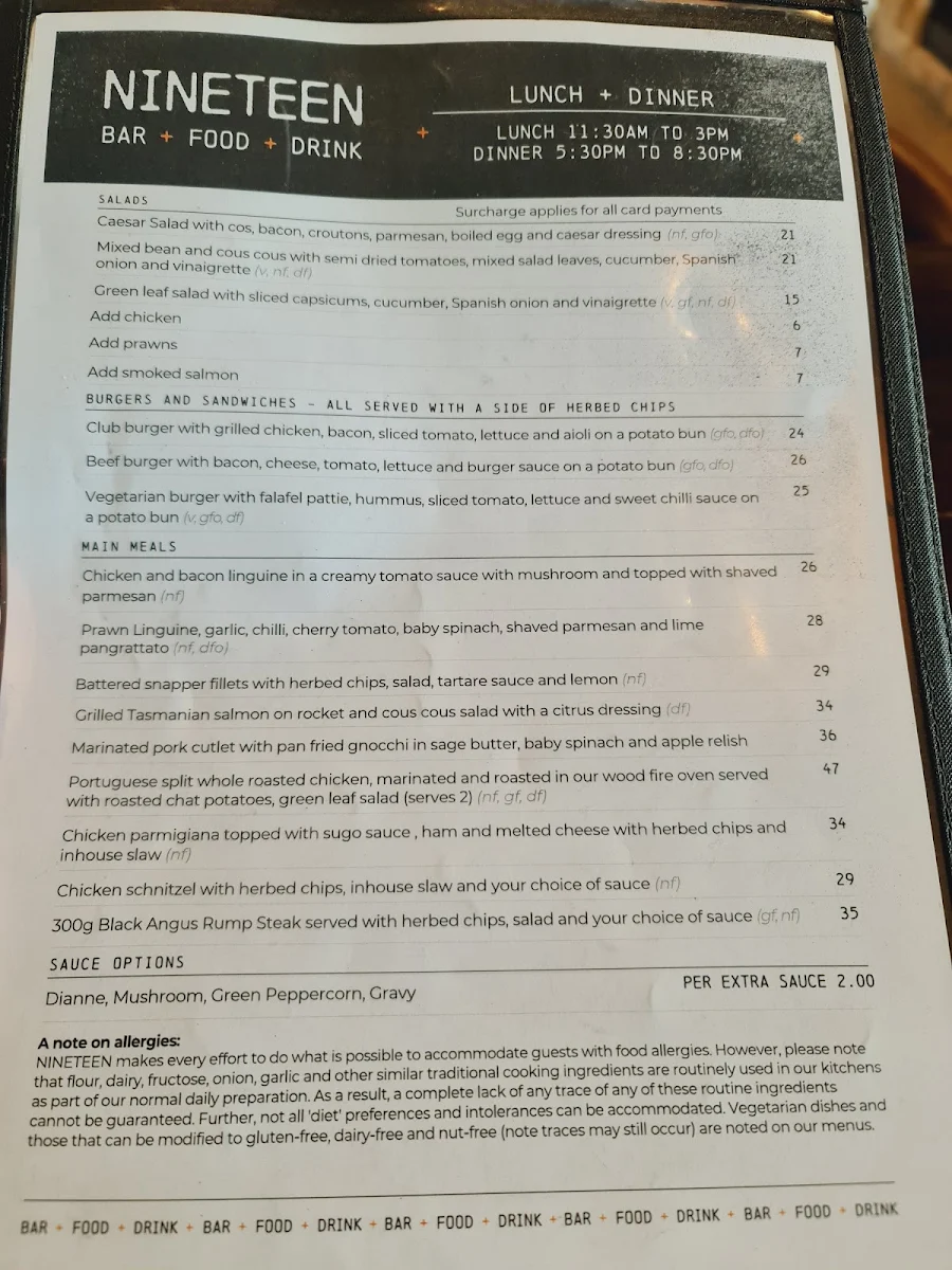 Menu, NINETEEN Hunter Valley