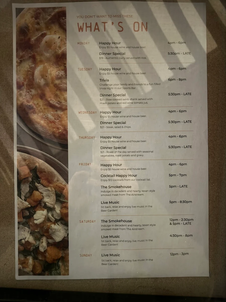 Menu, NINETEEN Hunter Valley
