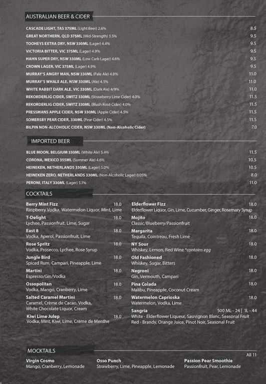 Menu, Osso Penrith
