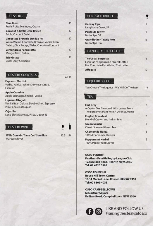 Menu, Osso Penrith