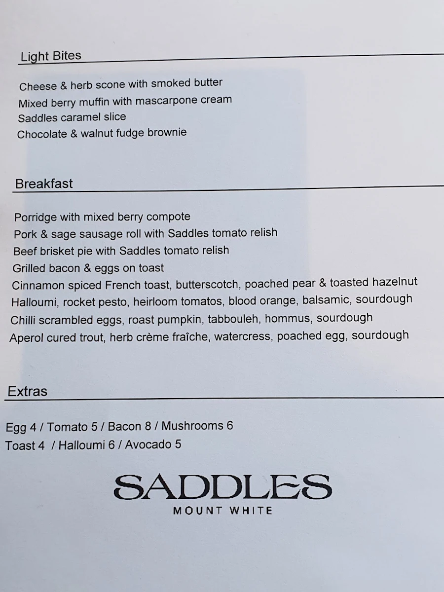 Menu, Saddles Mount White