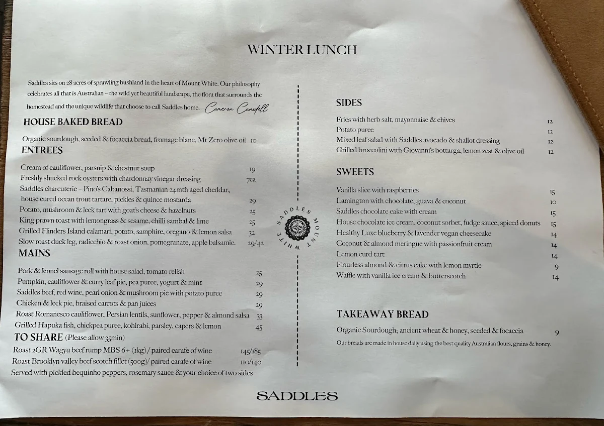 Menu, Saddles Mount White