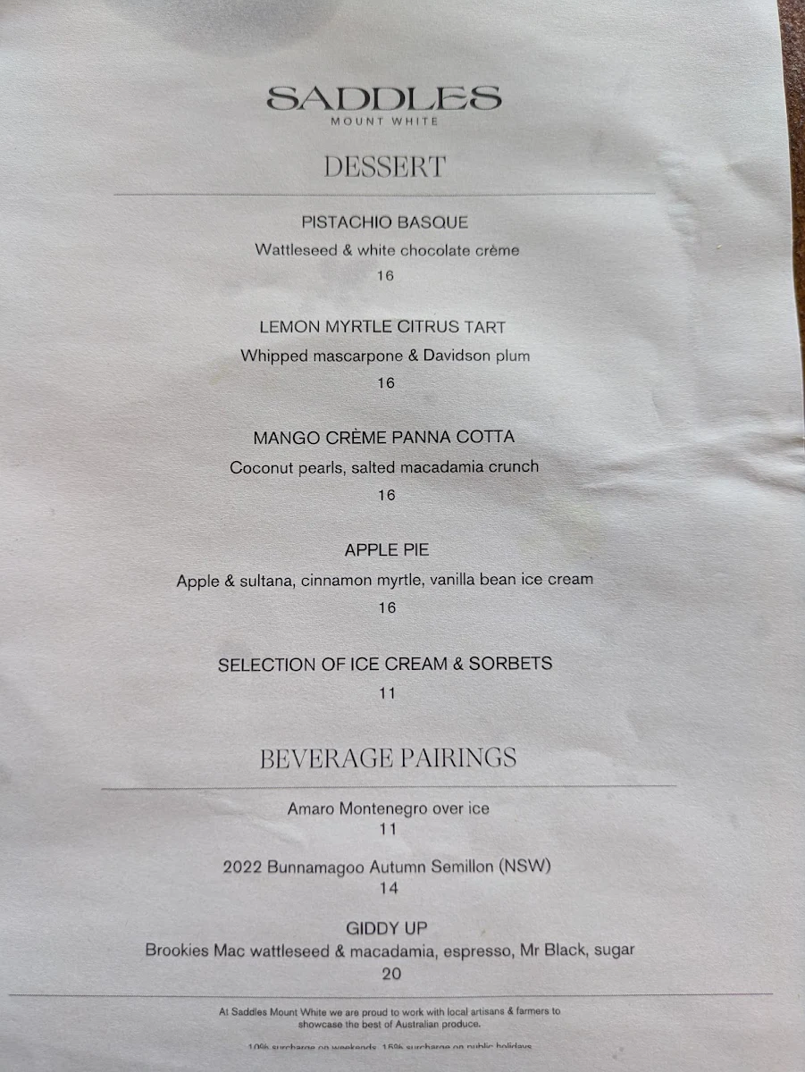 Menu, Saddles Mount White