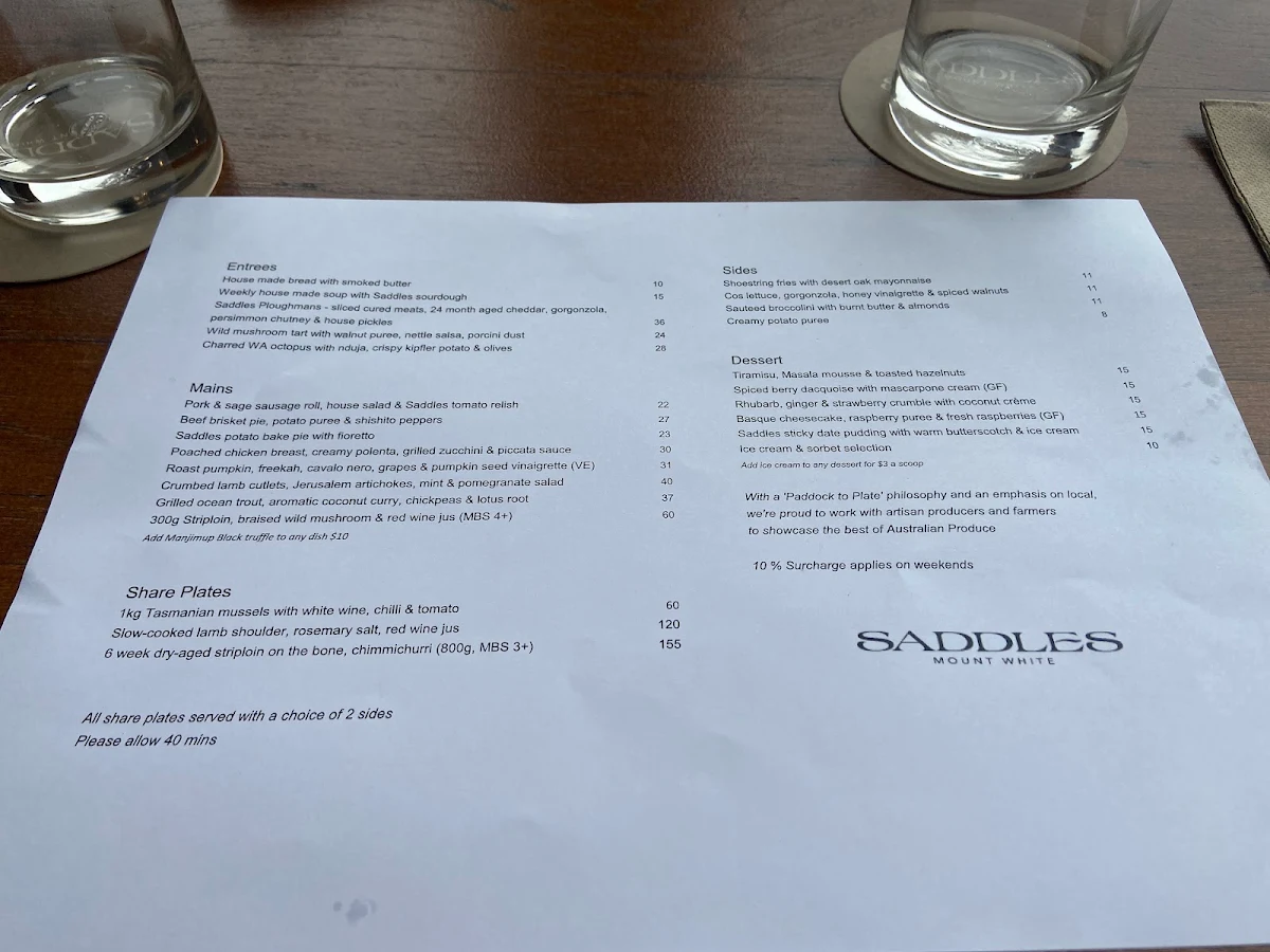 Menu, Saddles Mount White