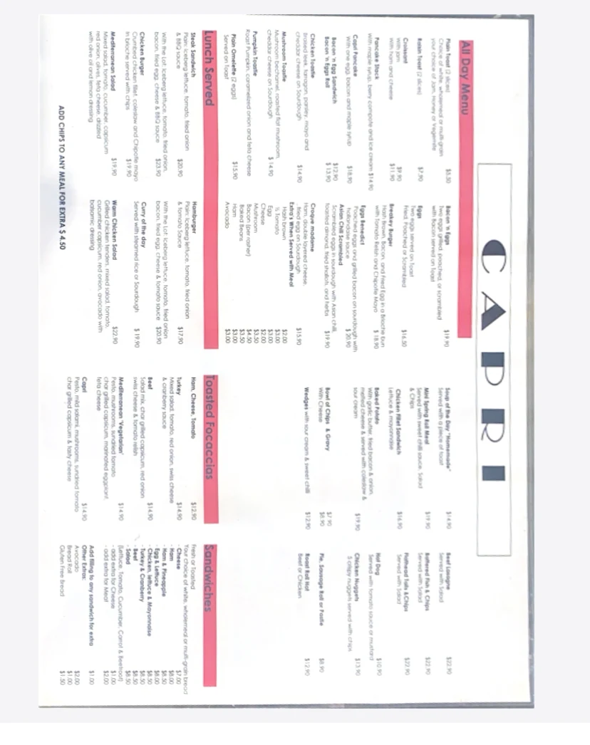 Menu, Capri Cafe