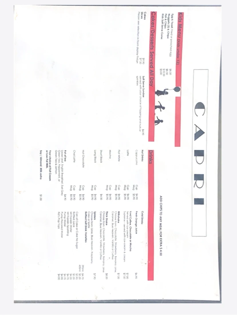 Menu, Capri Cafe