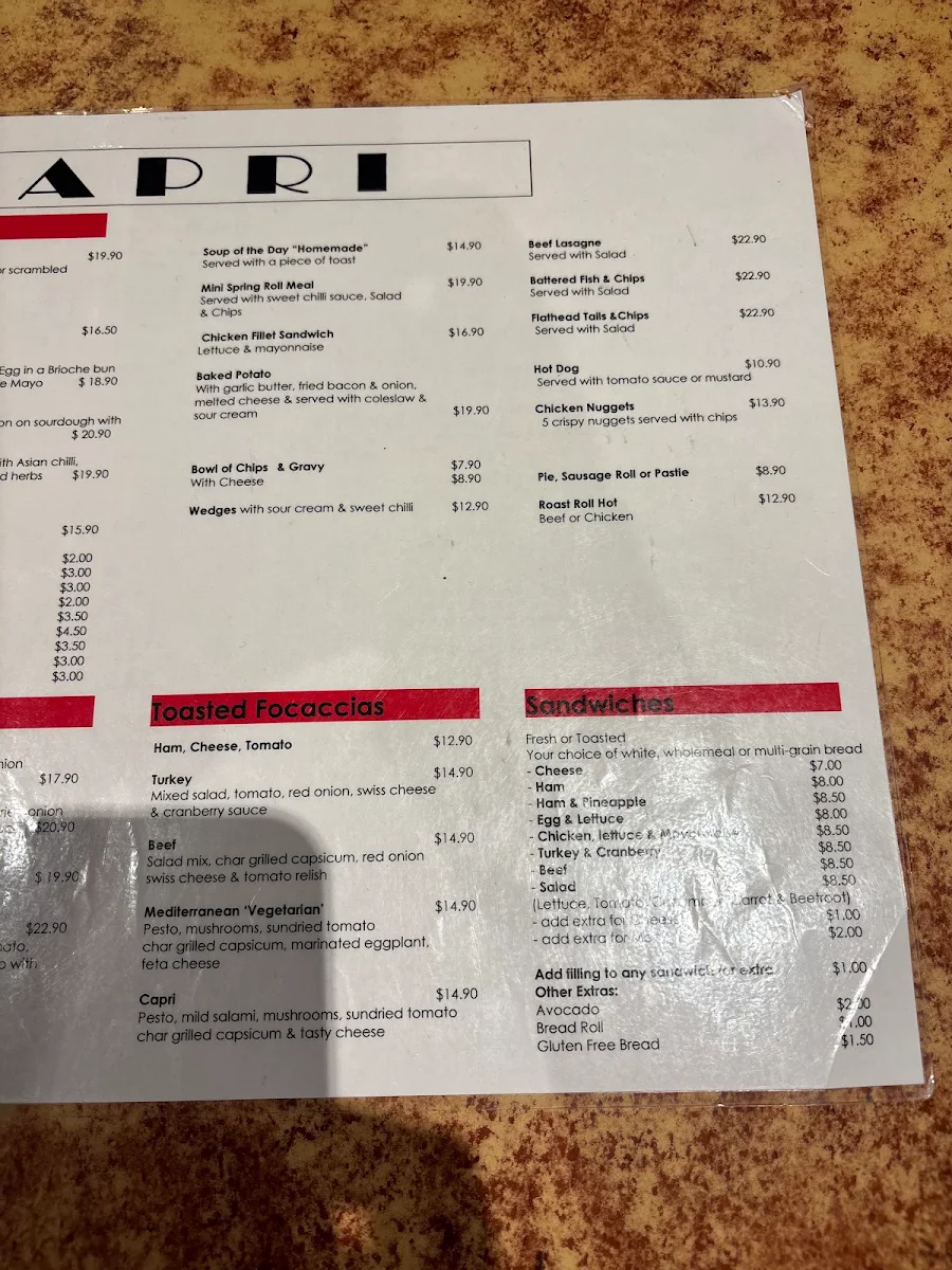 Menu, Capri Cafe