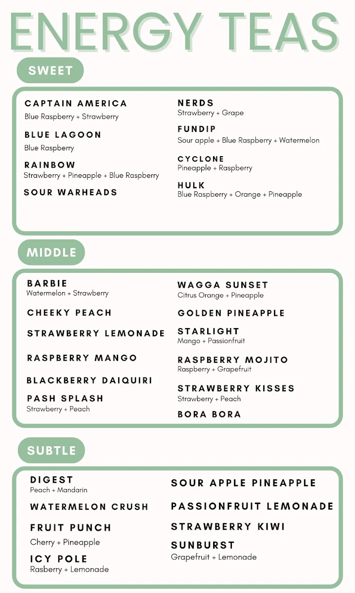 Menu, Acteav8 Nutrition