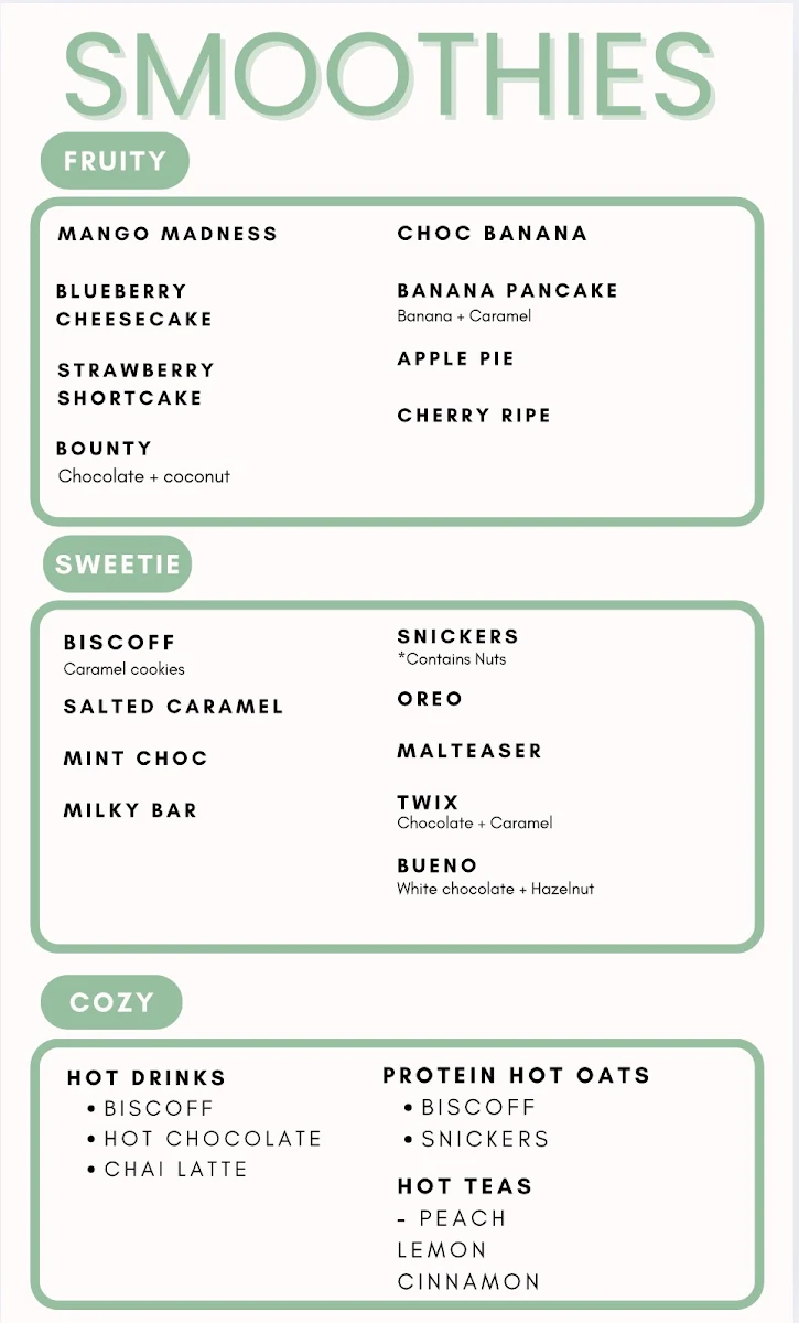 Menu, Acteav8 Nutrition