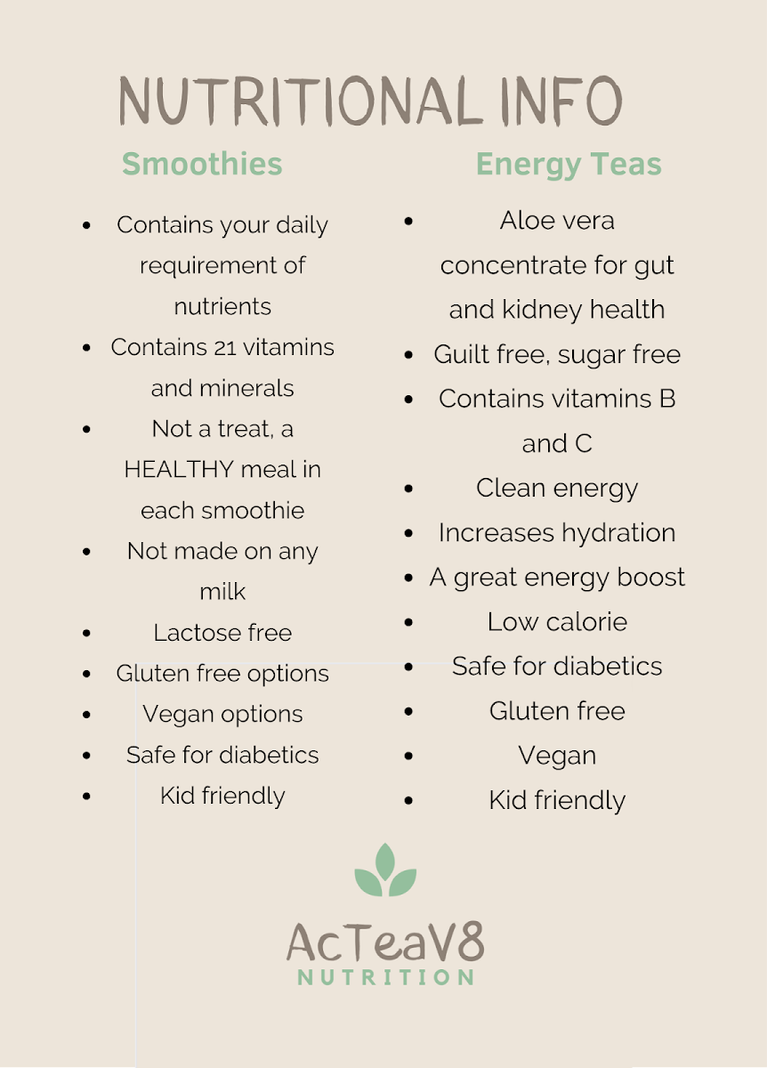 Menu, Acteav8 Nutrition