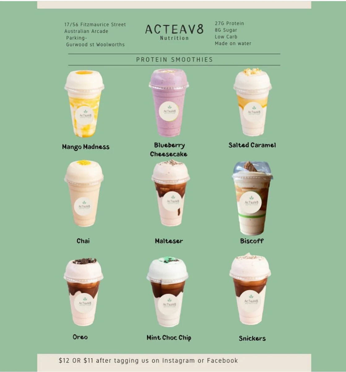 Menu, Acteav8 Nutrition