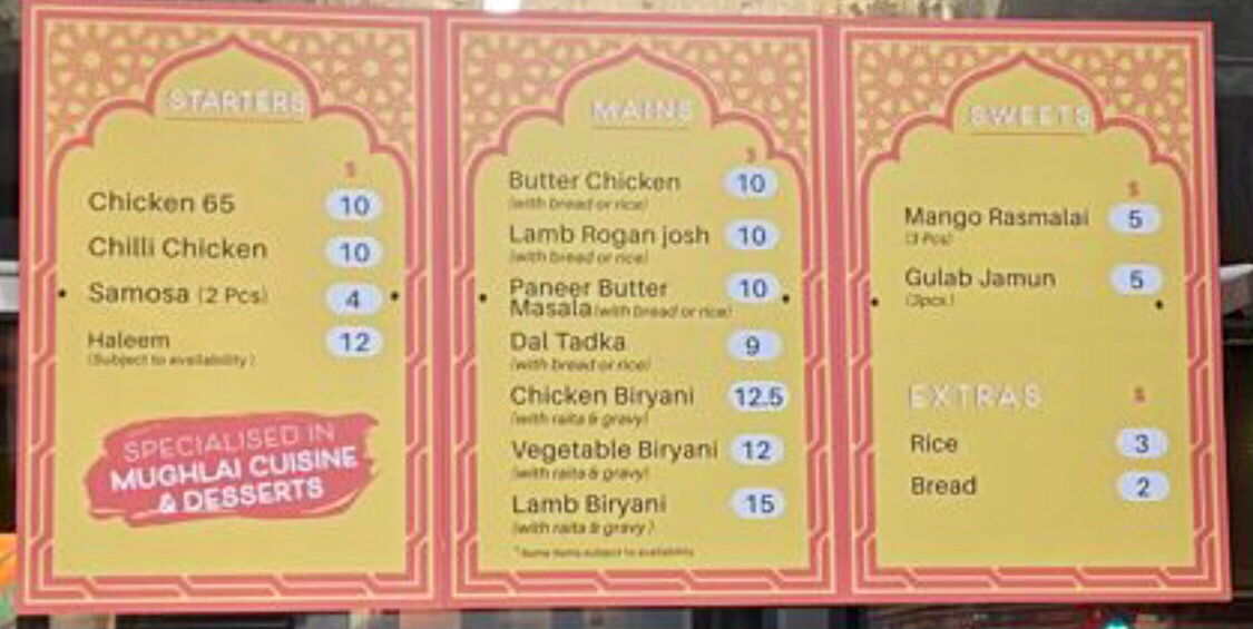 Menu, Biryani Darbaar City